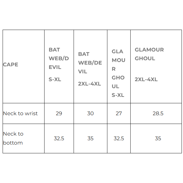 A size measurement table for a cape, showing measurements in centimeters for different neck-to-wrist and neck-to-bottom lengths across Bat Web/D Evil S-XL, Bat Web/De Vil 2XL-4XL, Gla Mou R Ghouul S-XL, and Glamour Ghouul 2XL-4XL.