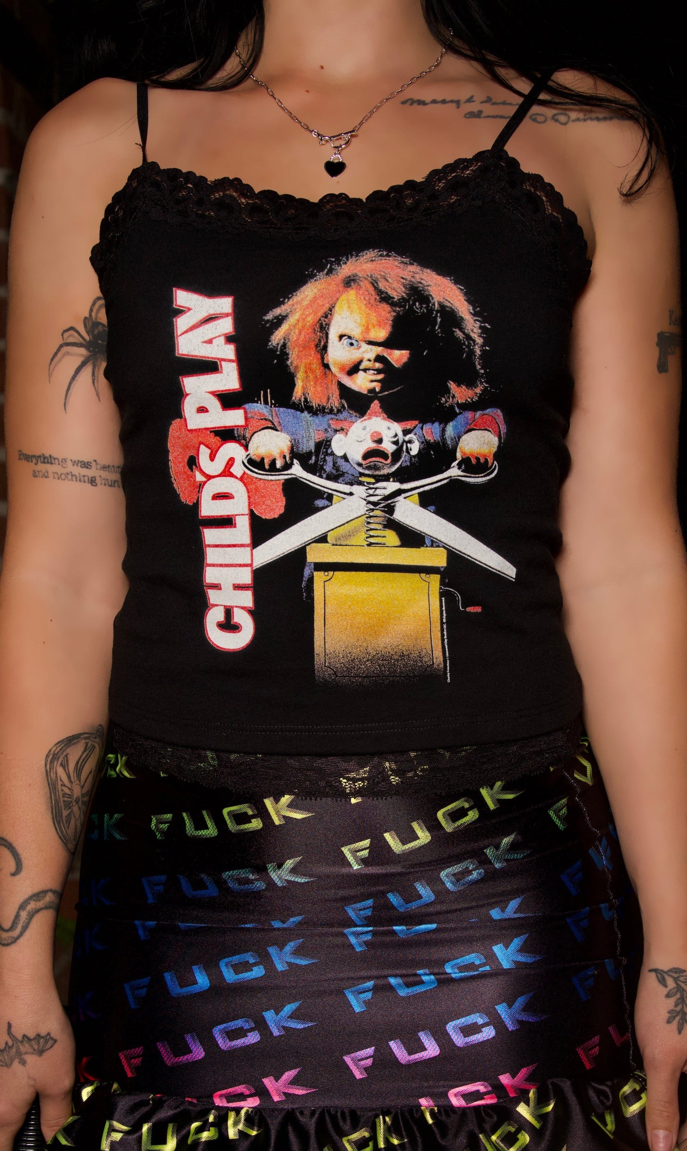 Vera's Eyecandy Wanna Play Cropped Lace Horror Tank Top