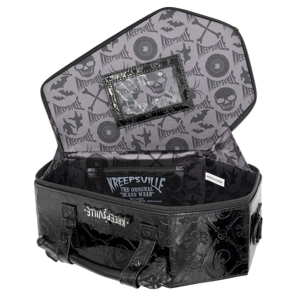 Kreepsville 666 Black Patent Skull Embossed Coffin Purse