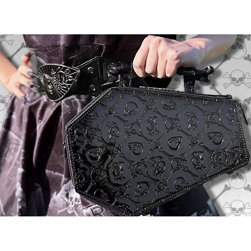 Kreepsville 666 Black Patent Skull Embossed Coffin Purse