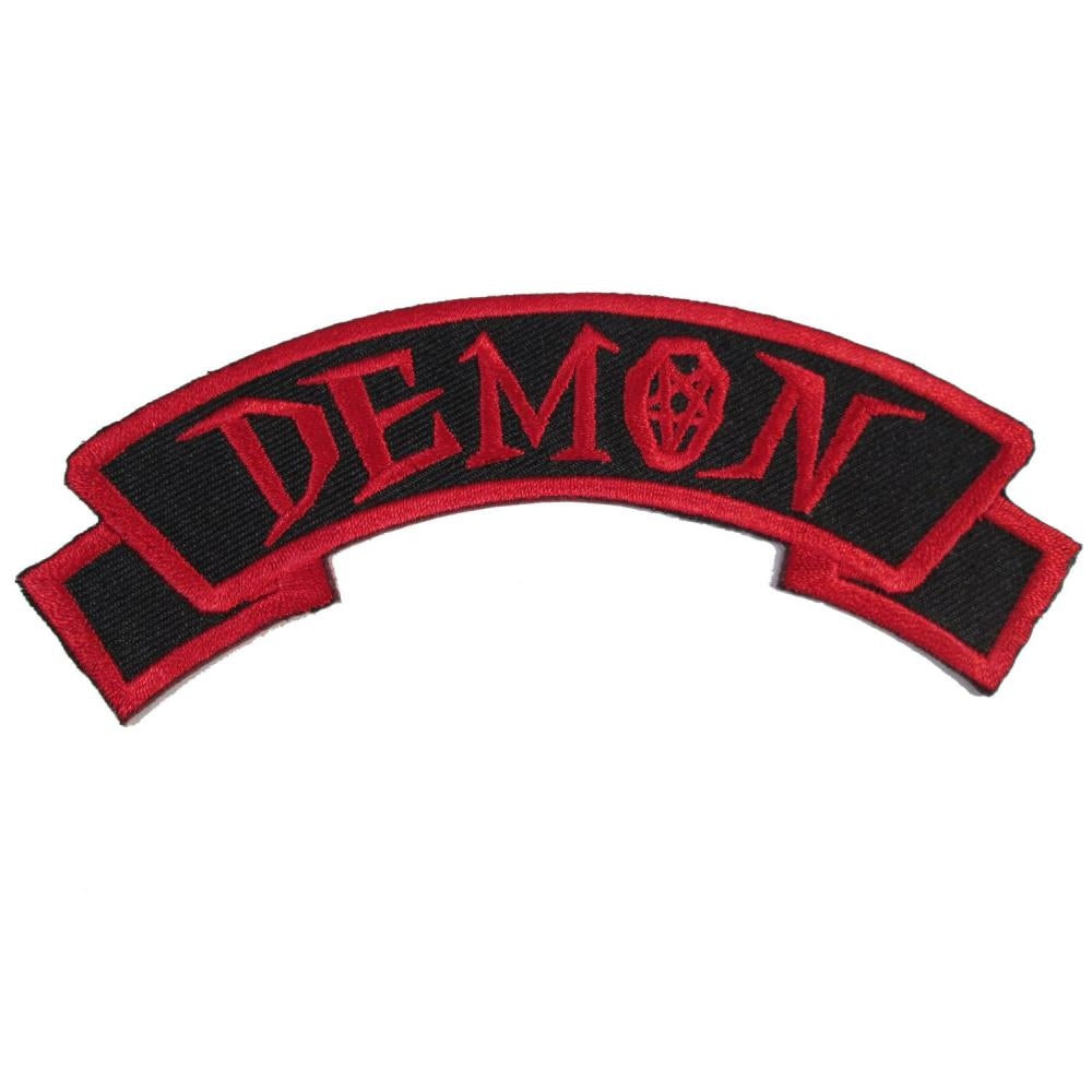 Embroidered patch with 'DEMON' text on a white background