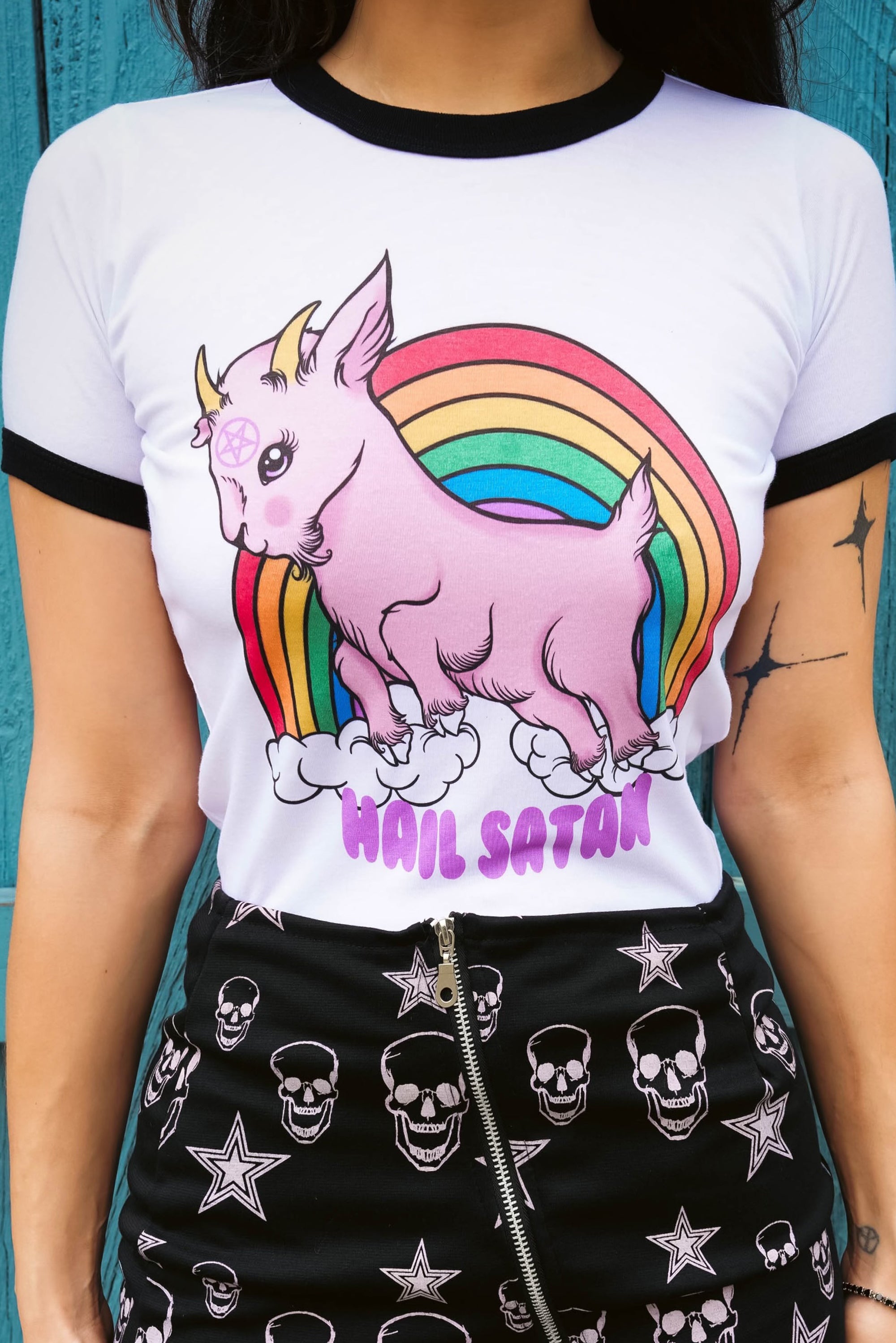 Vera's Eyecandy Demon Goat 'Hail Satan' Ringer Tee