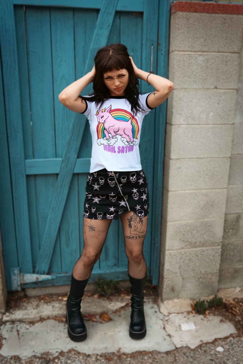 Vera's Eyecandy Demon Goat 'Hail Satan' Ringer Tee
