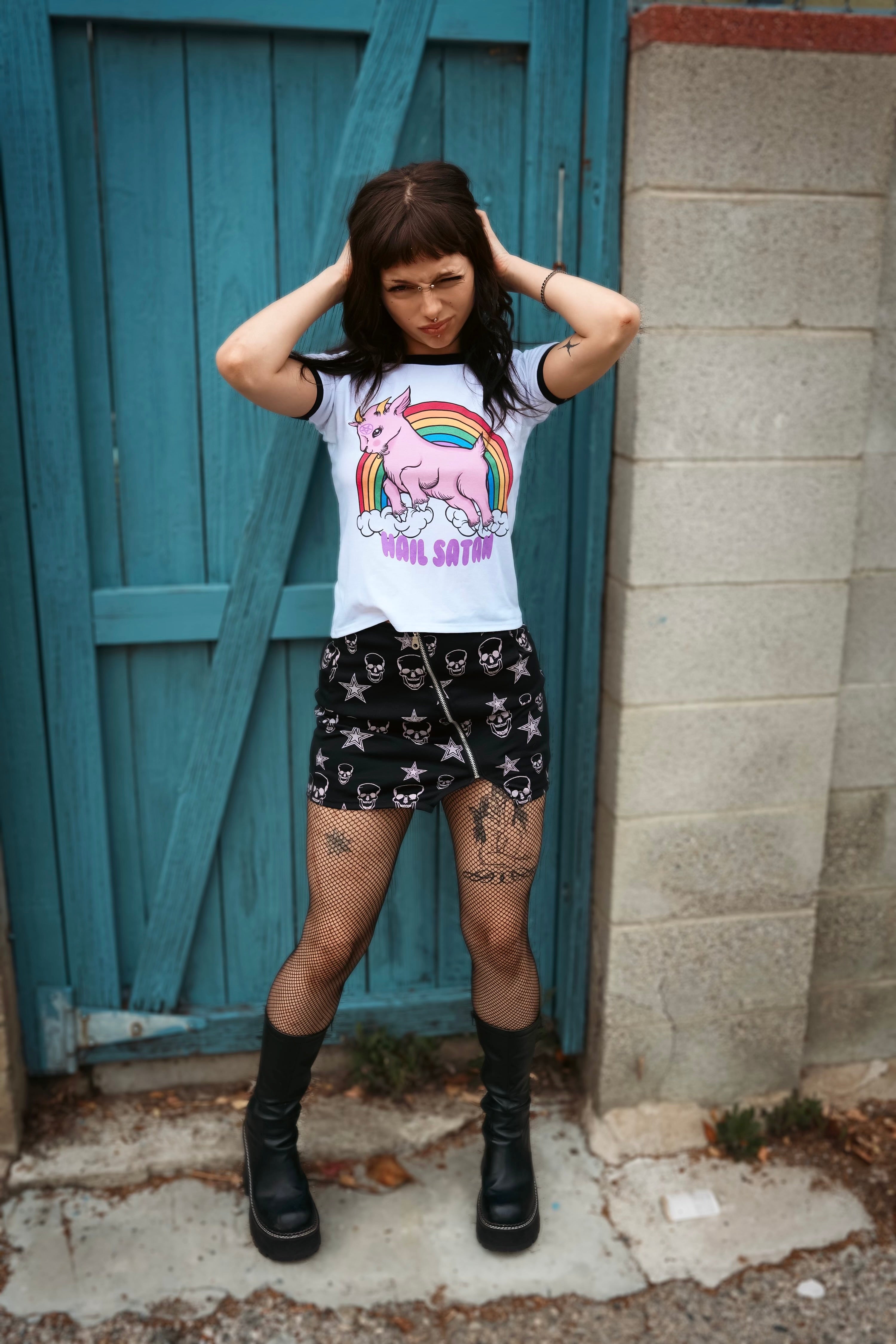 Vera's Eyecandy Demon Goat 'Hail Satan' Ringer Tee