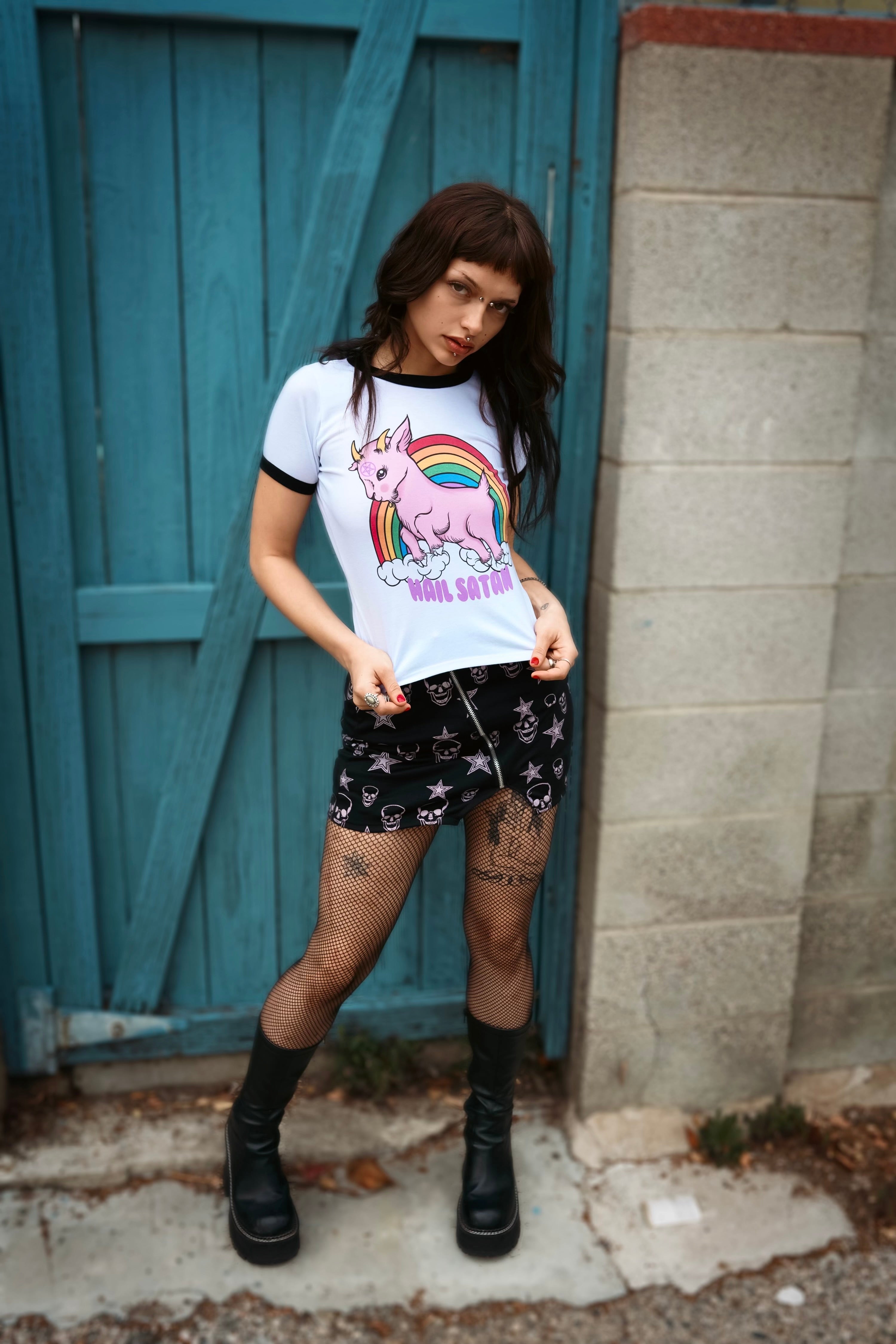 Vera's Eyecandy Demon Goat 'Hail Satan' Ringer Tee
