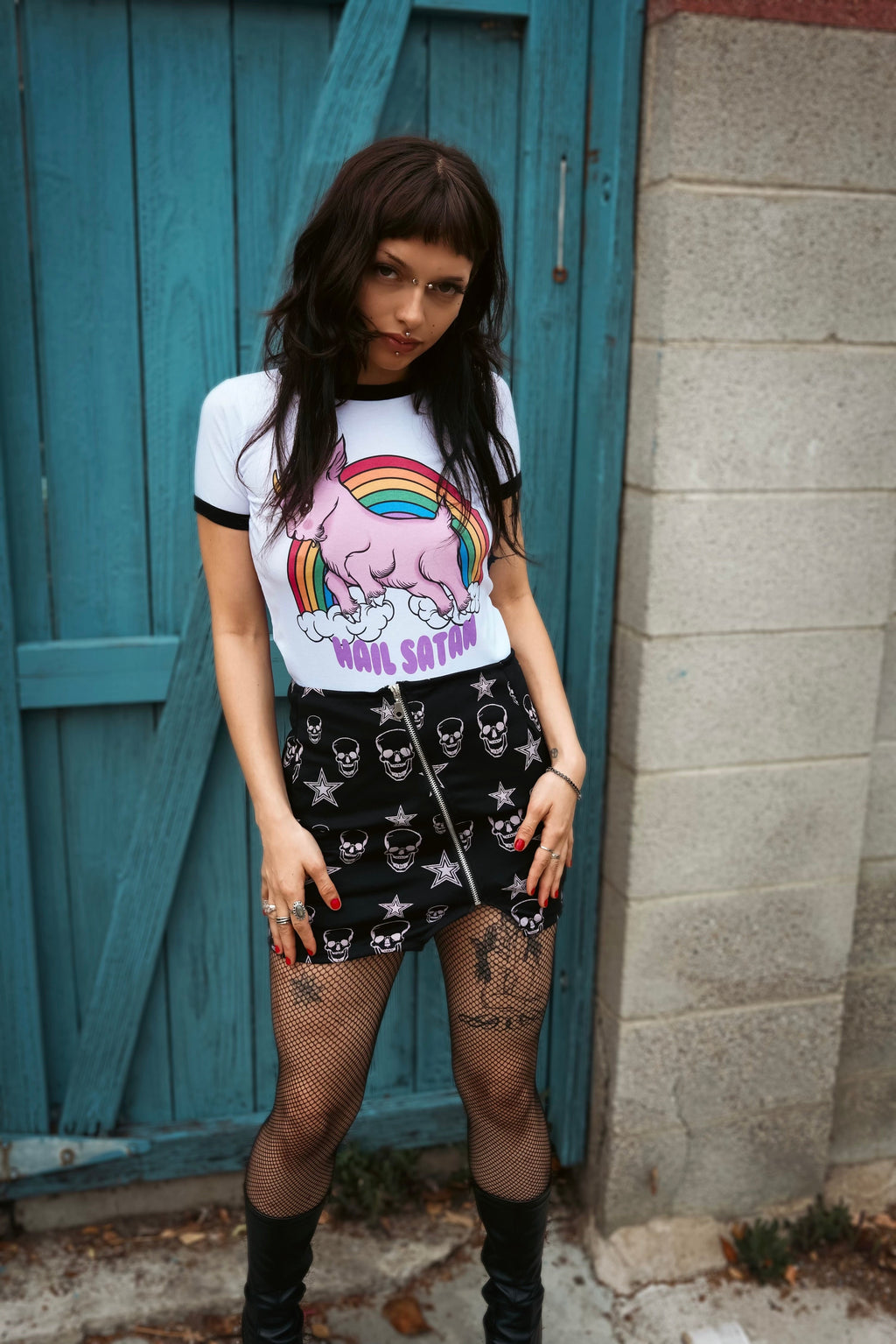 Vera's Eyecandy Demon Goat 'Hail Satan' Ringer Tee