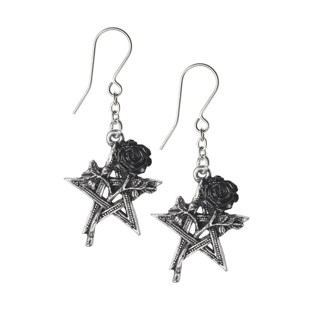 Alchemy Gothic Ruah Vered Pentagram Black Rose Earrings E402