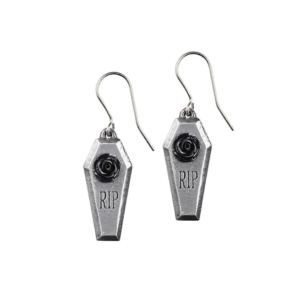 Alchemy Gothic RIP Black Resin Rose Coffin Earrings E432