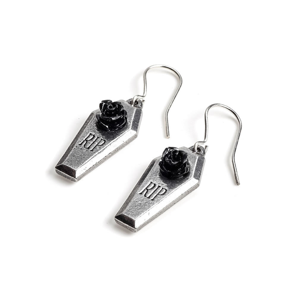 Alchemy Gothic RIP Black Resin Rose Coffin Earrings E432