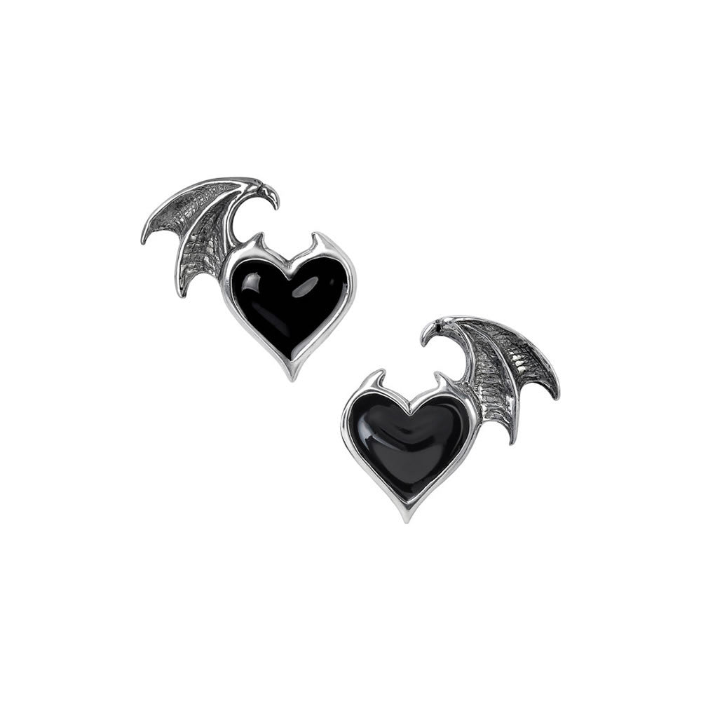 Alchemy Gothic Demon Winged Black Heart Earrings E444
