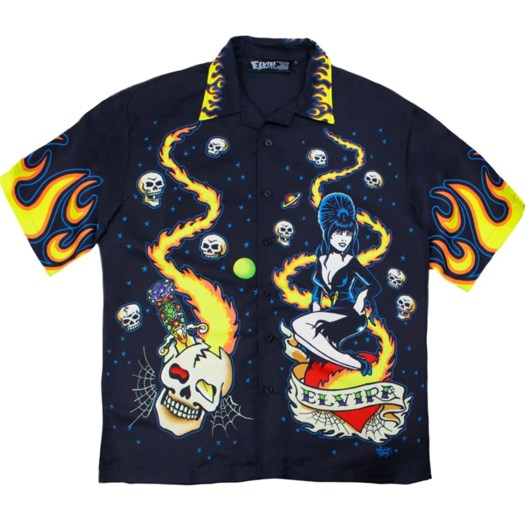 Kreepsville 666 Elvira Tattoo Flames Sublimation Button Up Shirt