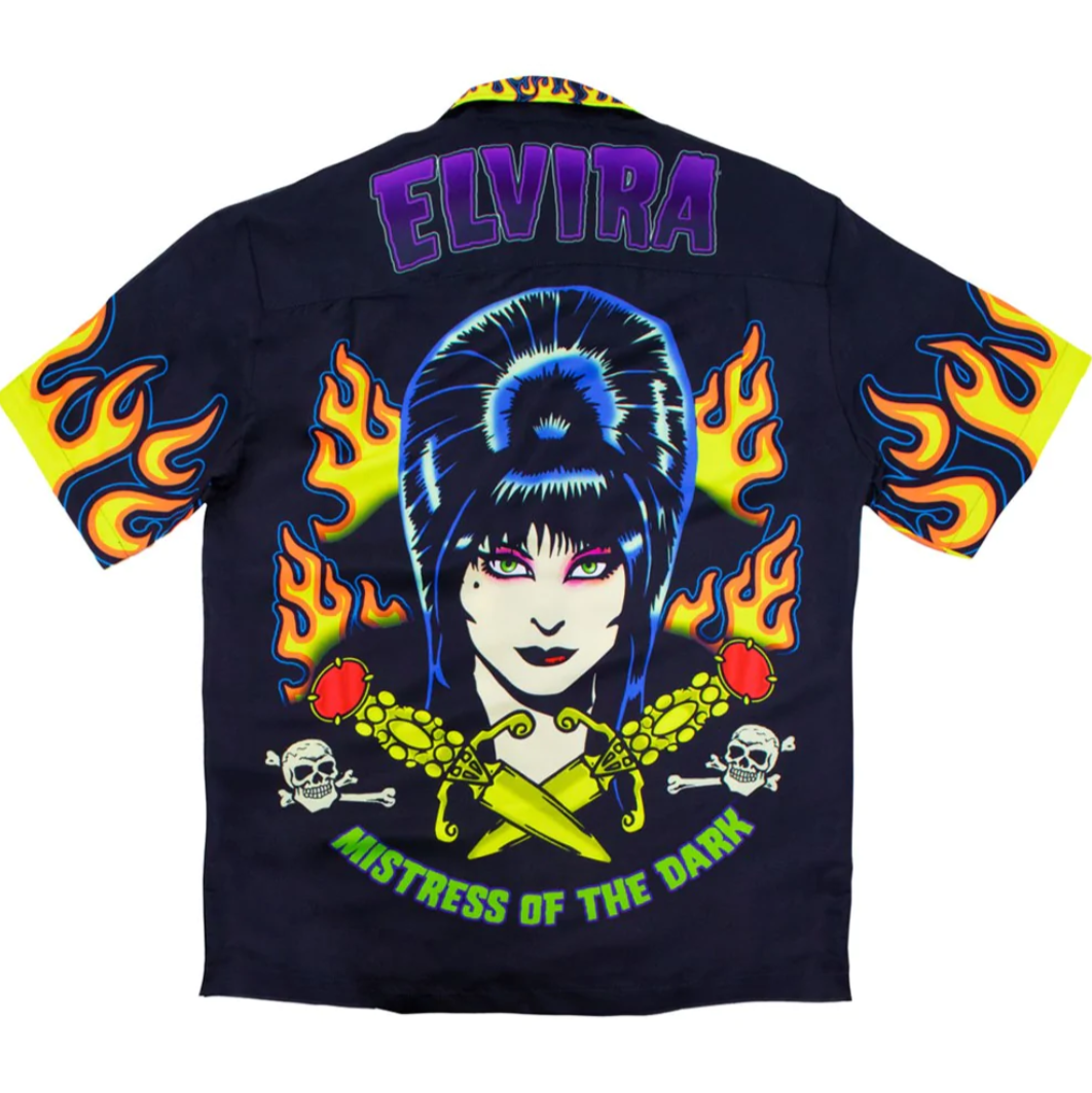 Kreepsville 666 Elvira Tattoo Flames Sublimation Button Up Shirt