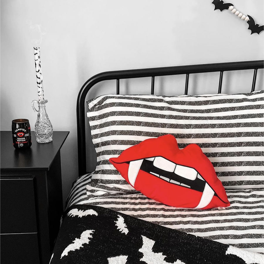 MaterialJill Vampire Fang Lips 12" Plush Throw Pillow