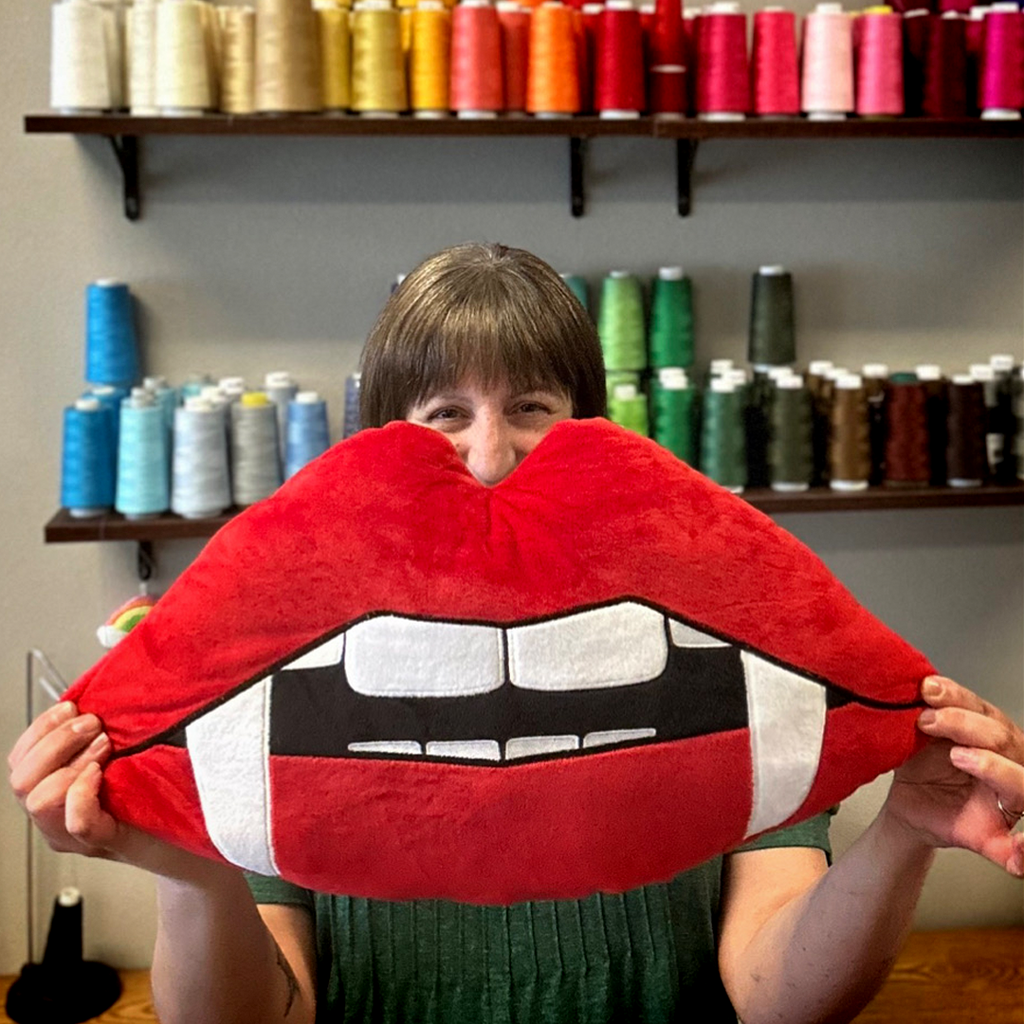 MaterialJill Vampire Fang Lips 12" Plush Throw Pillow