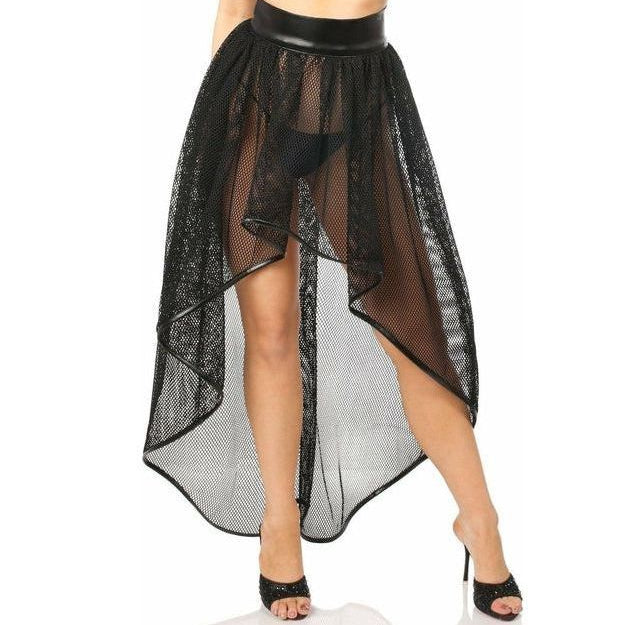 Fishnet & Faux Leather High Low Skirt - Daisy Corsets
