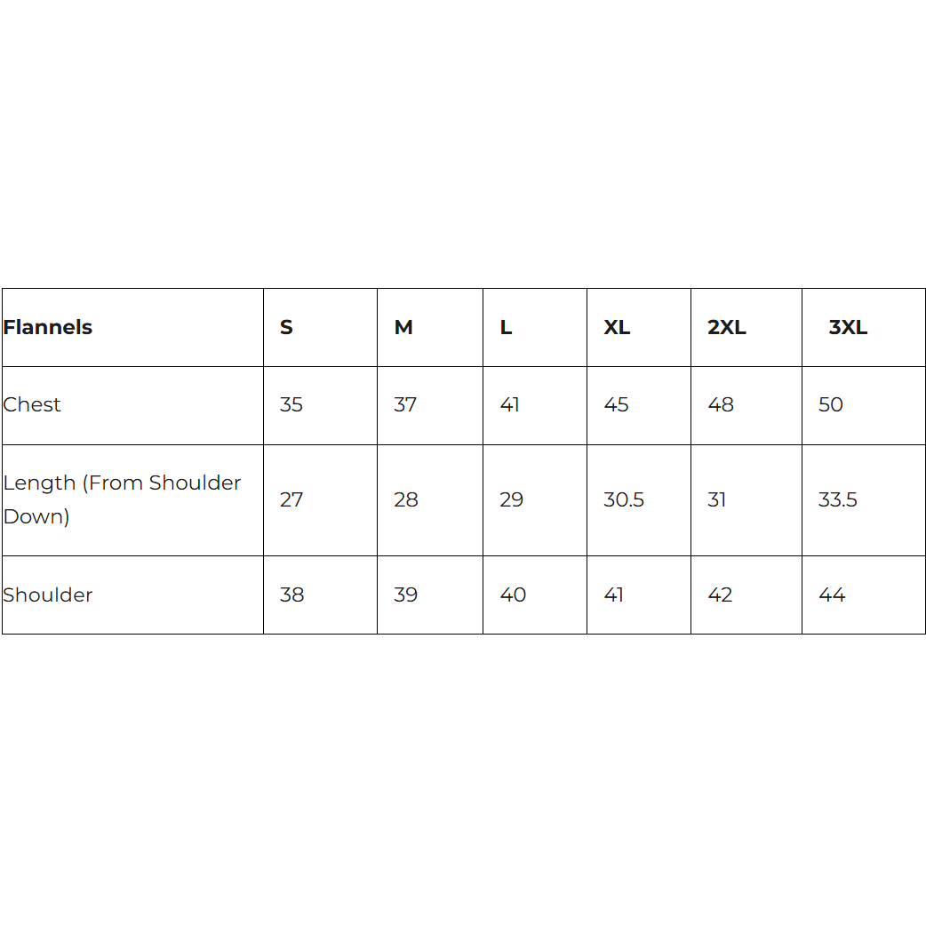 A size Kreepsville chart table showing measurements for flannels in sizes S through 3XL, with rows for chest, length from shoulder down, and shoulder.