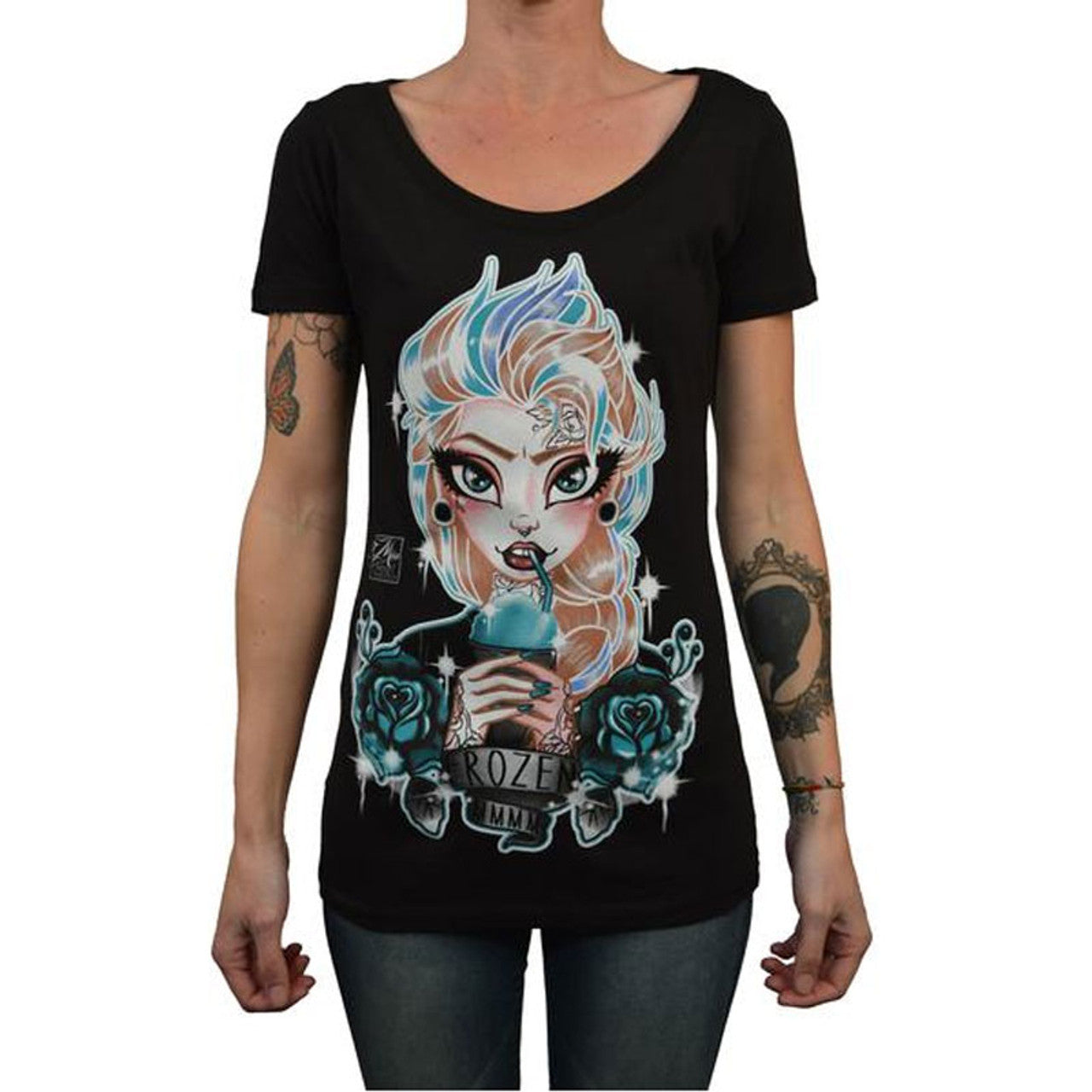 Black t-shirt with a colorful graphic design of a character holding a drink, worn by a person.