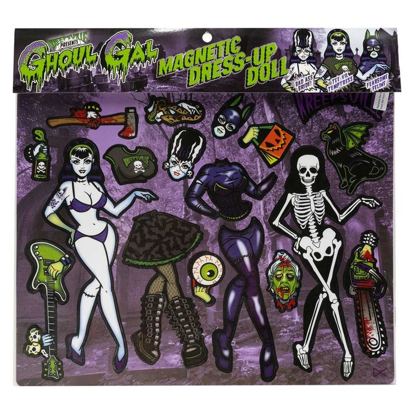 Ghoul Gal magnetic dress-up doll set packaging with various accessories on a purple background.
