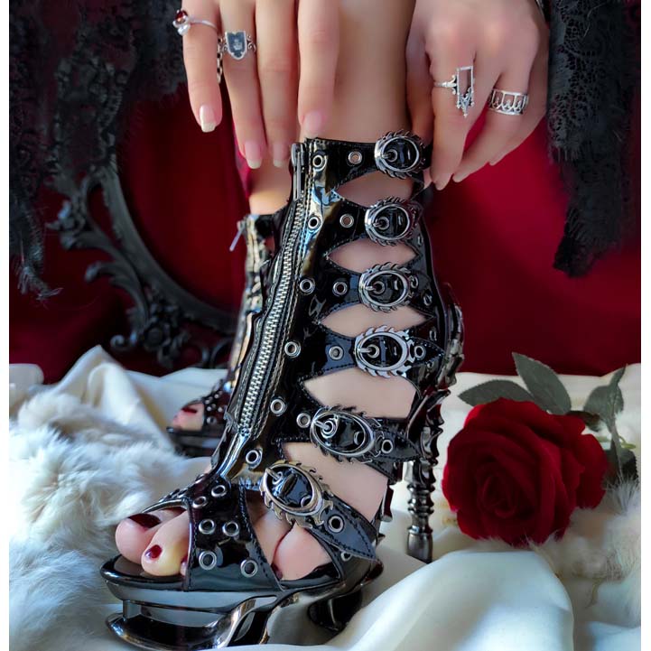 Hades CRIMSON Black Patent Ankle Boots 5" Spinal Heel