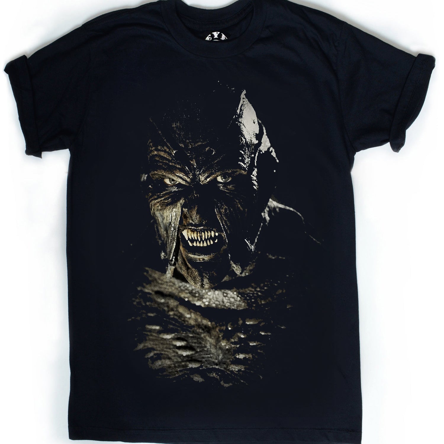 Black t-shirt with a graphic design on a white background