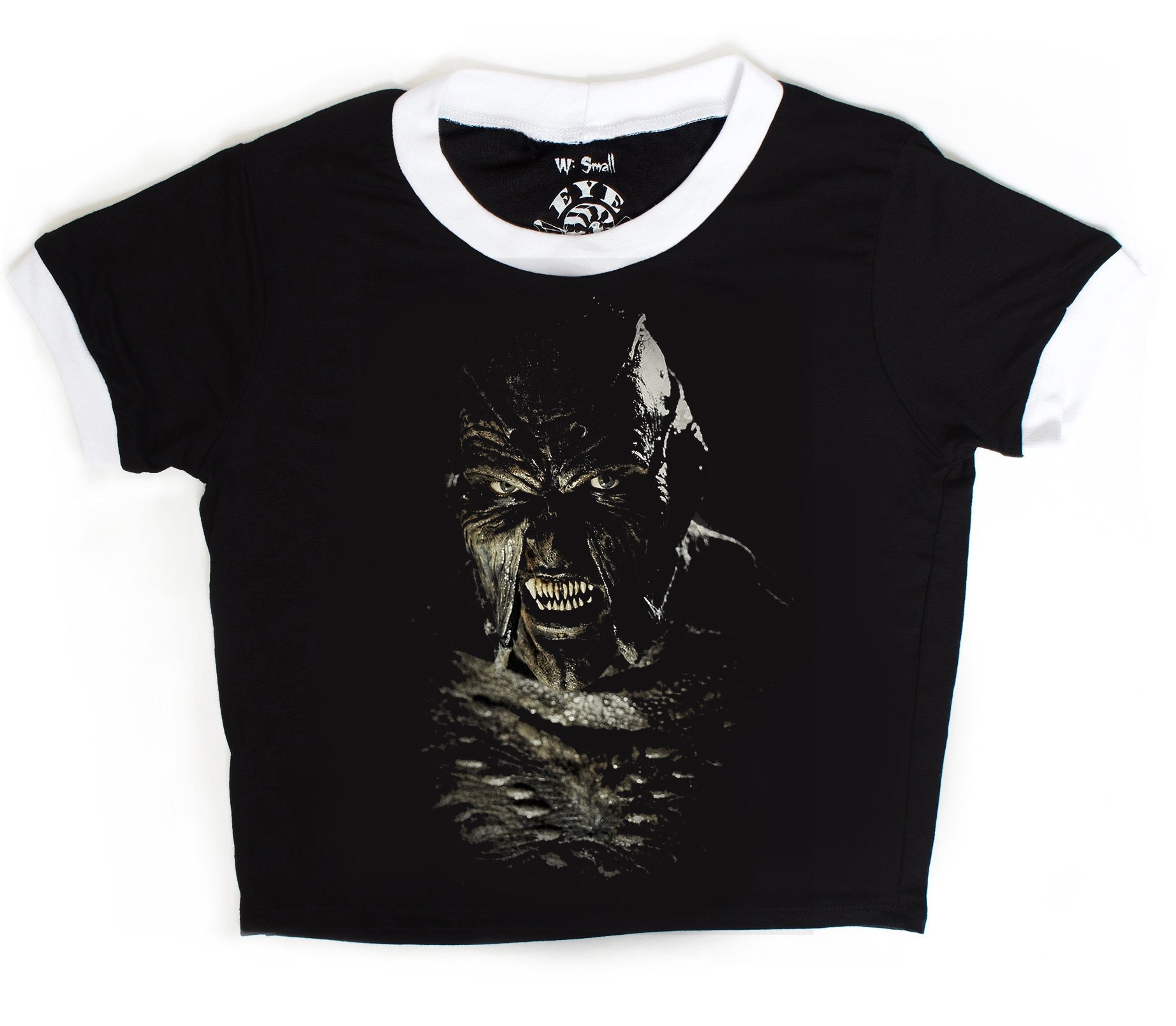 Black t-shirt with a graphic design on a white background
