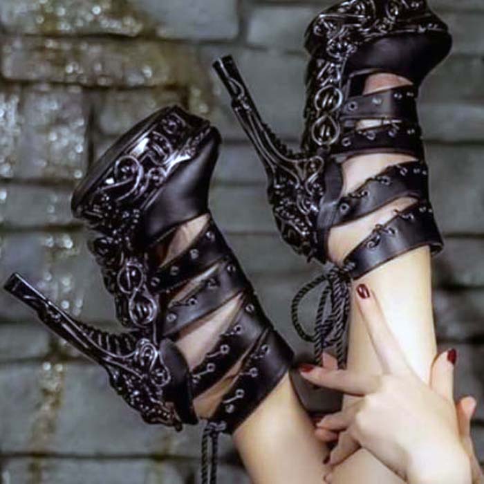 Hades KATO Black Peekaboo Booties 6" High Ornate Heels