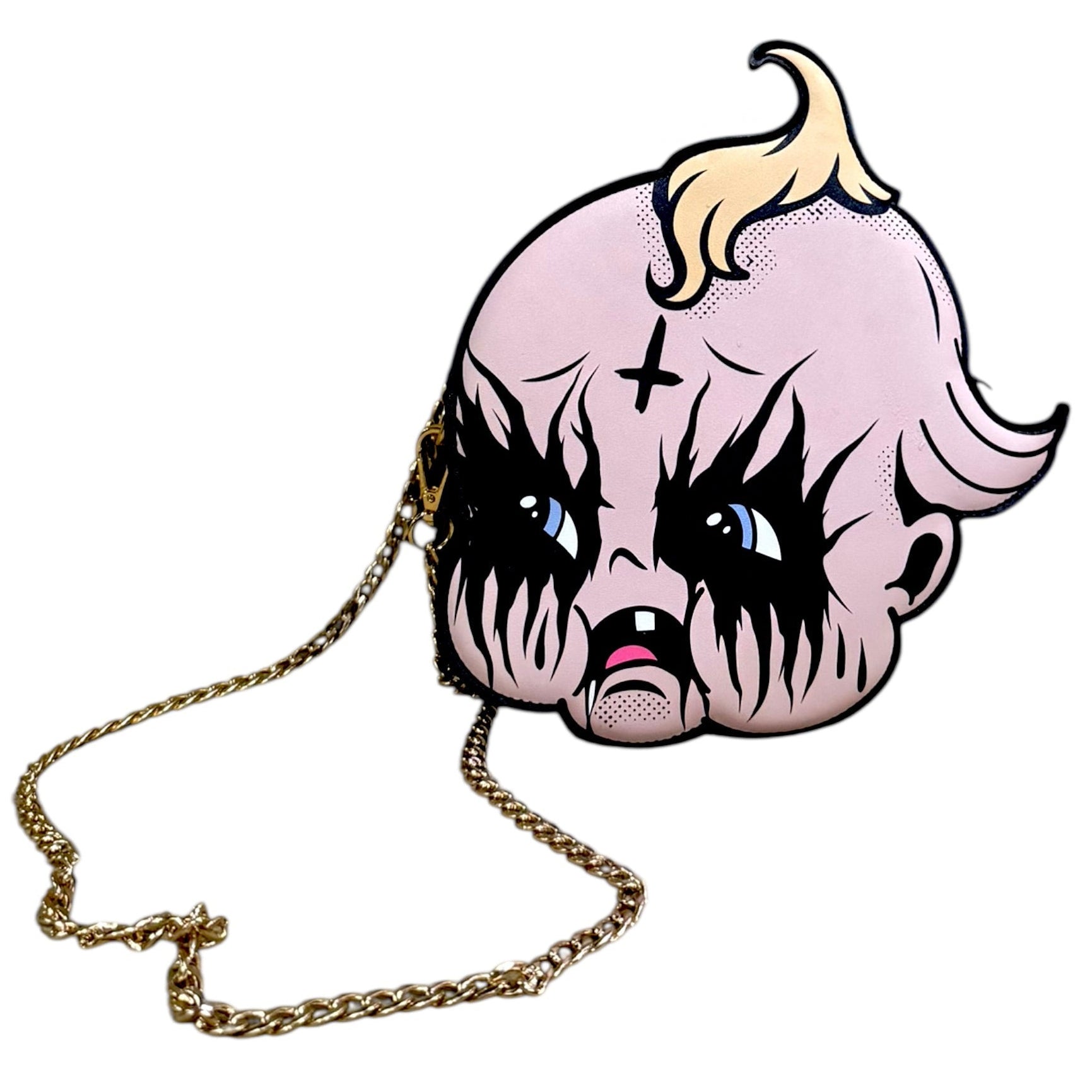 Purse with a cartoonish face design on a white background
