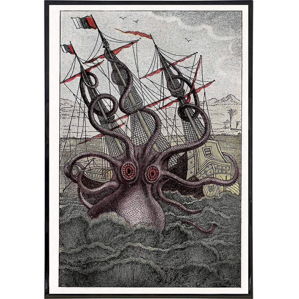 Kraken Illustration Vintage Wall Art Poster Print