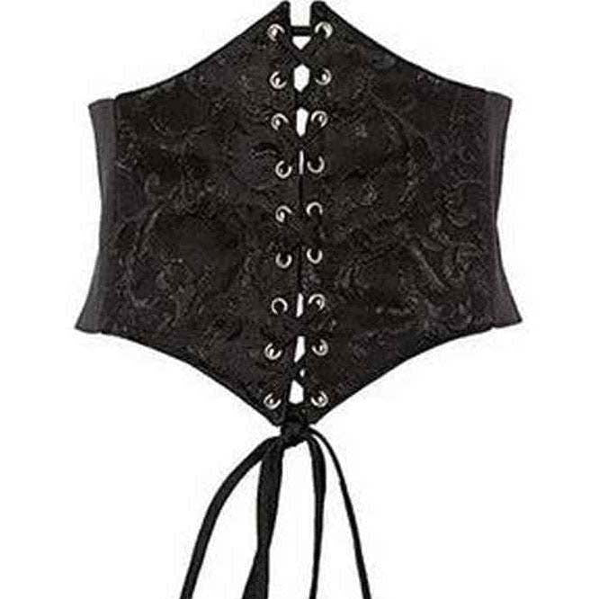 Black lace-up corset top on a white background