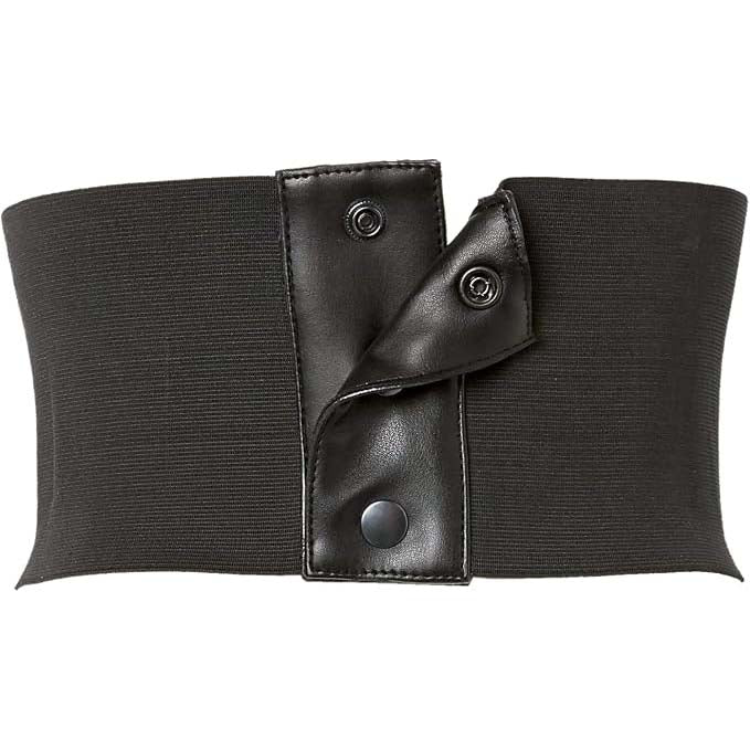 A wide black elastic waist trainer belt with a faux leather snap-button closure flap, shown against a plain white background.