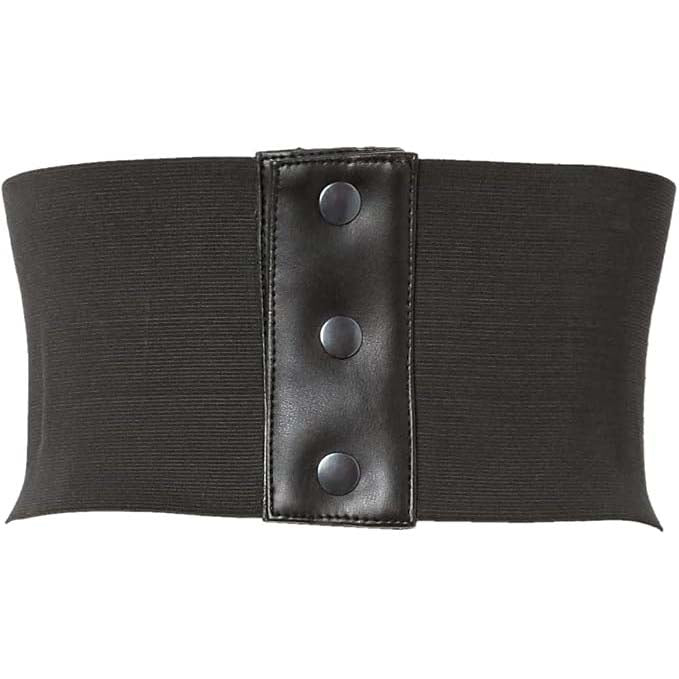 A wide black waist trainer belt featuring a wide ribbed fabric body and a central vertical panel with three dark metal snap buttons, shown against a plain white background.
