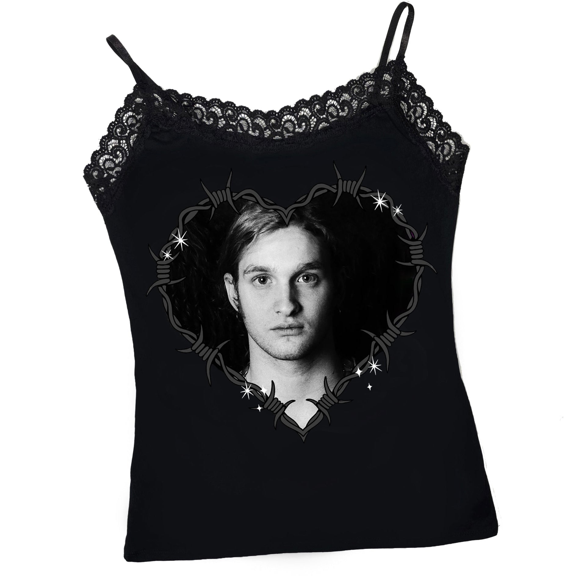 Black lace-trimmed top with a graphic design on a white background