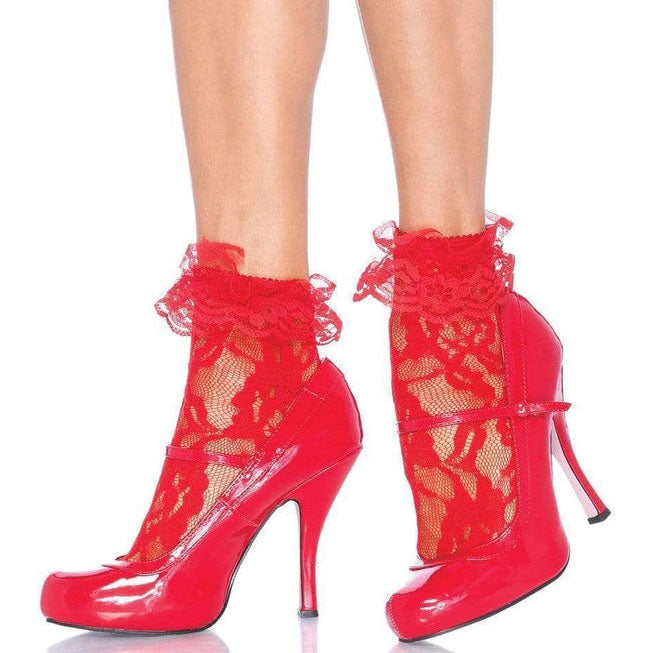 Red high-heeled shoes with lace detailing on a white background