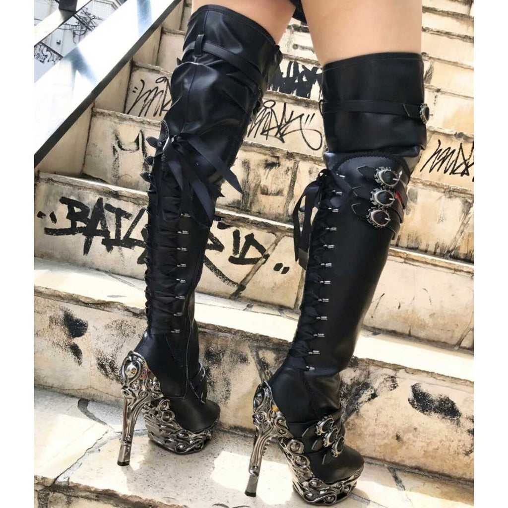 Hades LOKIE Thigh High Boots Buckles Zip Lace Up
