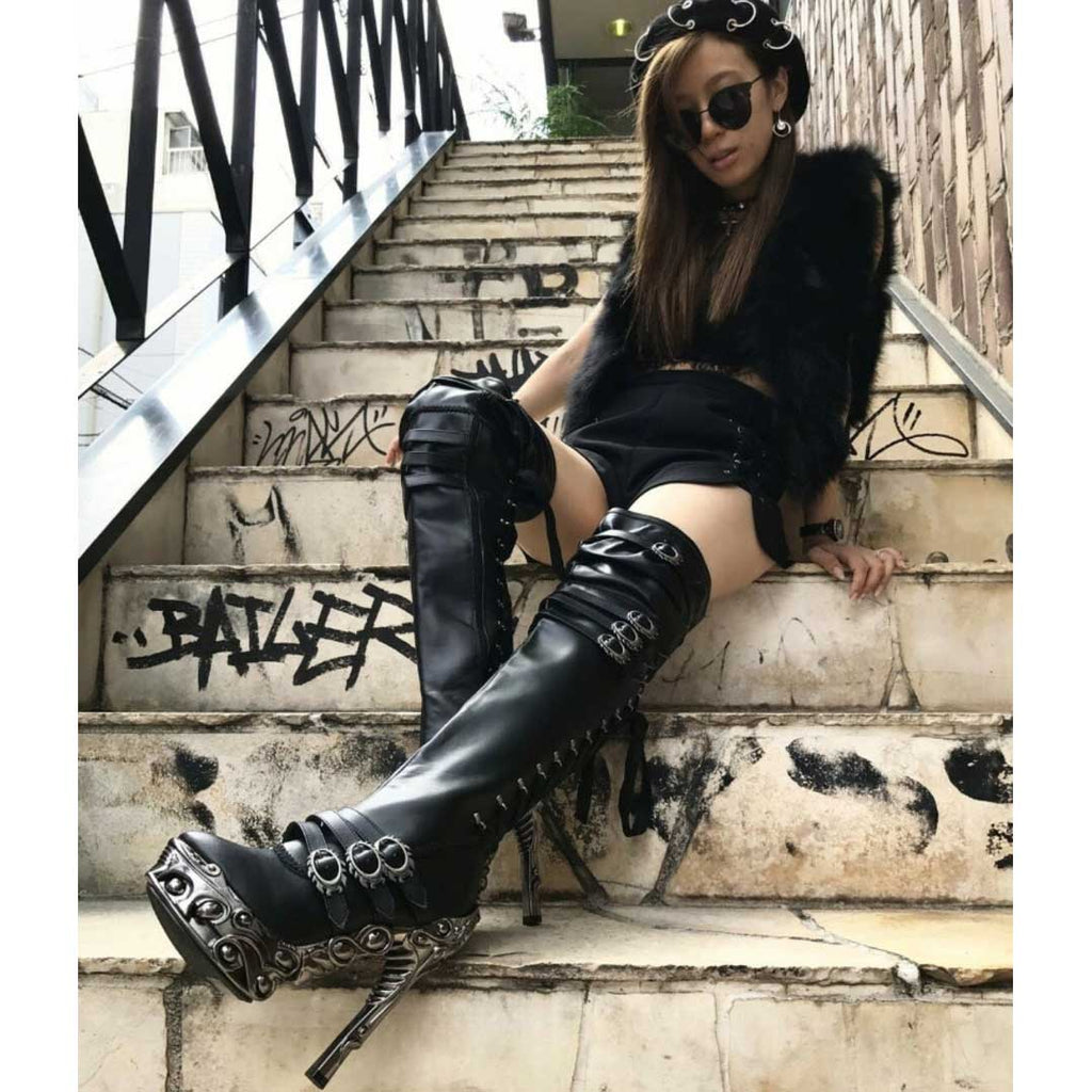 Hades LOKIE Thigh High Boots Buckles Zip Lace Up