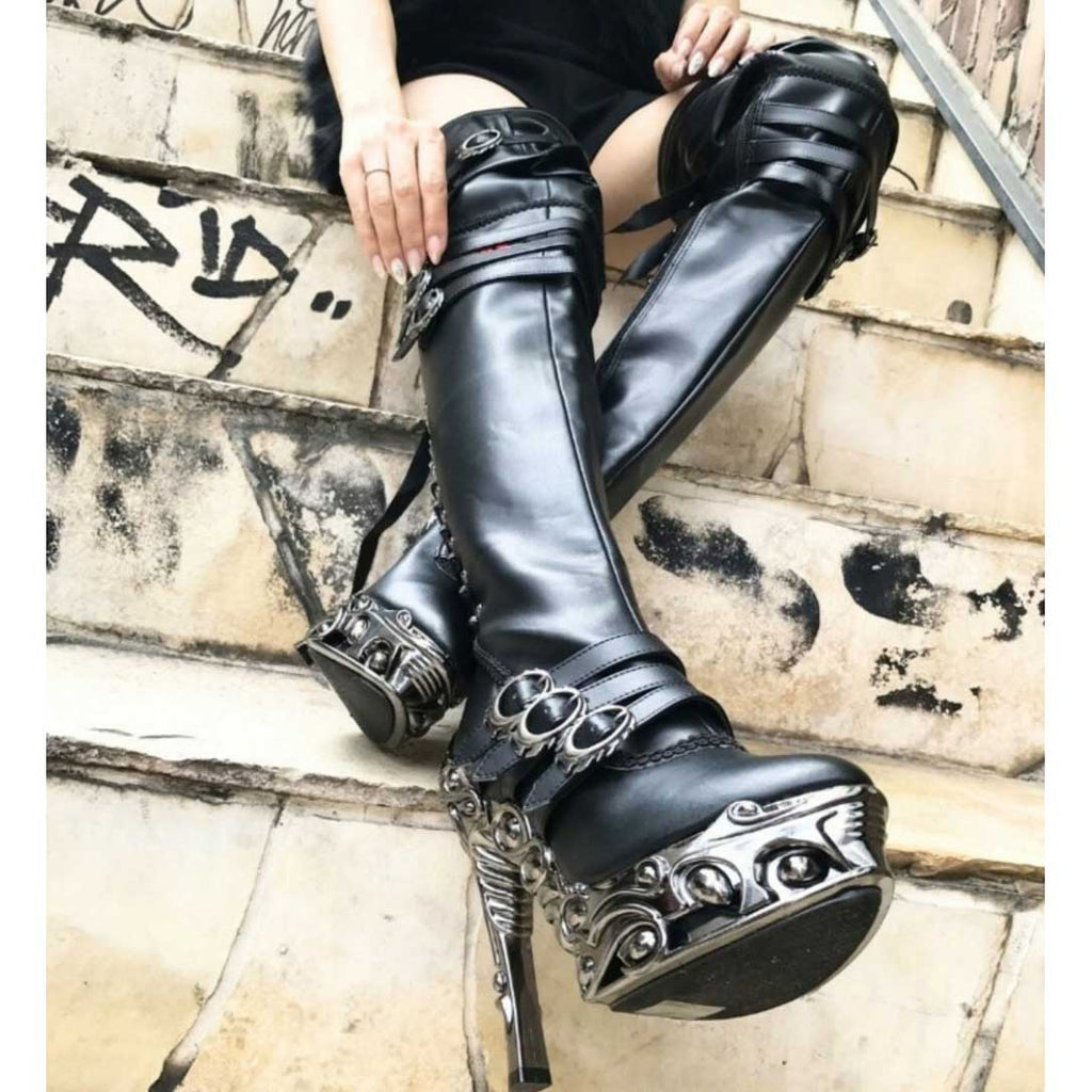 Hades LOKIE Thigh High Boots Buckles Zip Lace Up
