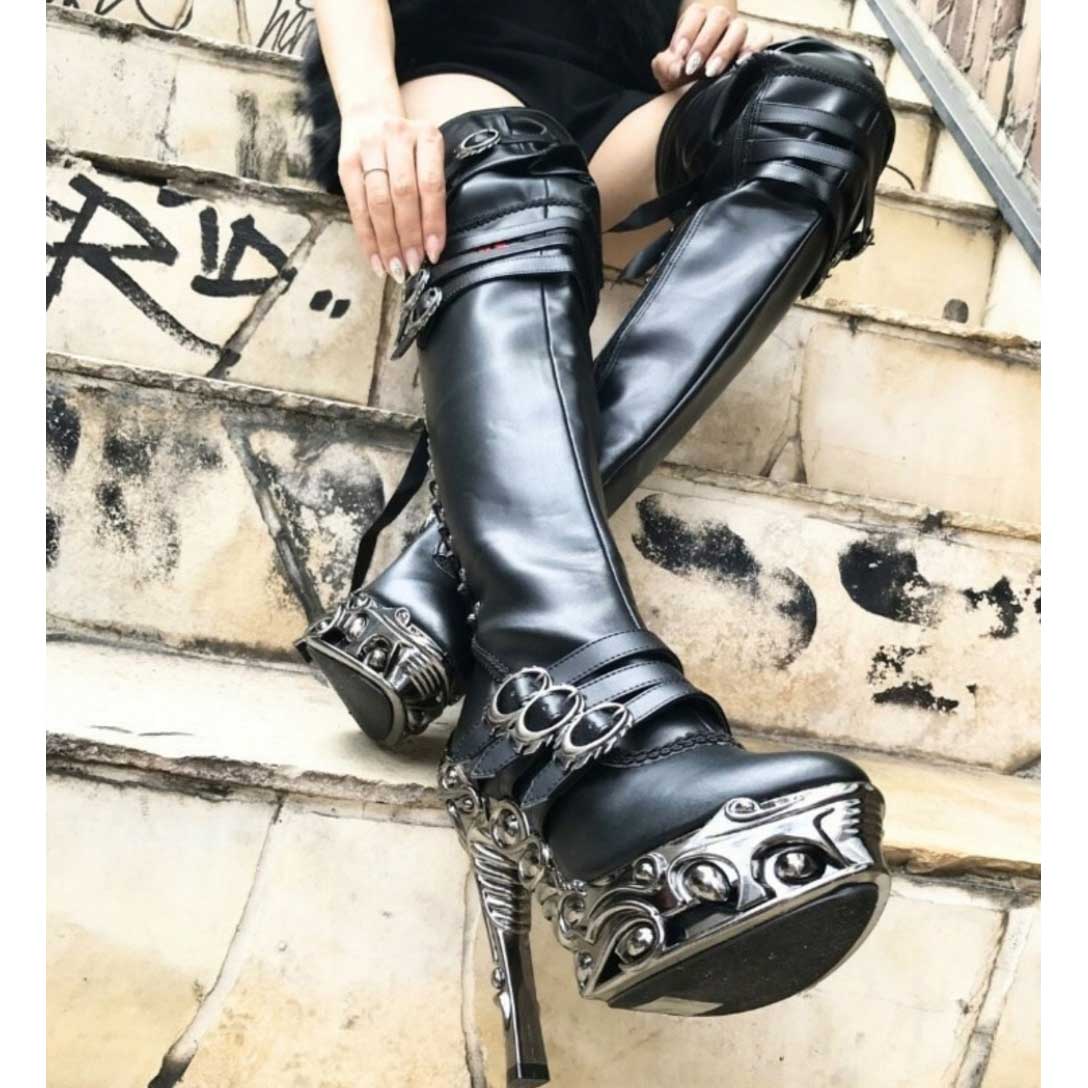 Hades LOKIE Thigh High Boots Buckles Zip Lace Up