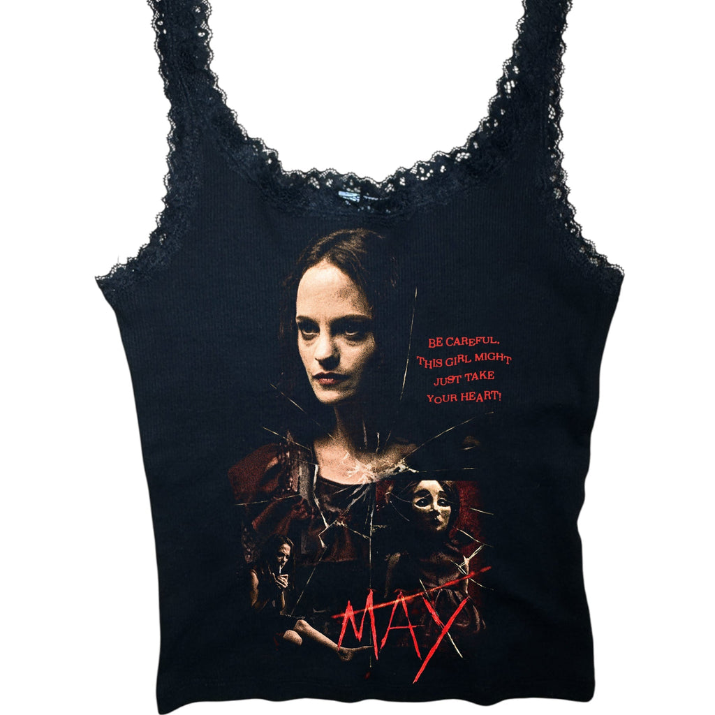 Black tank top with graphic design and text on a white background