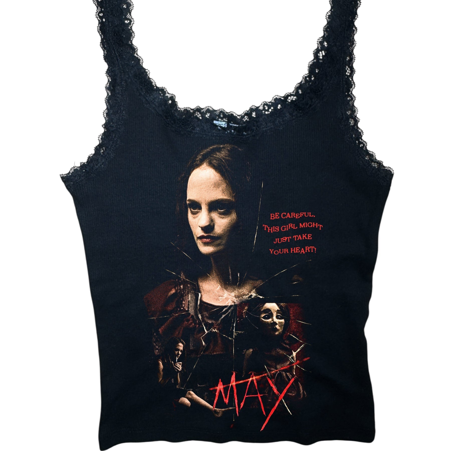 Black tank top with graphic design and text on a white background