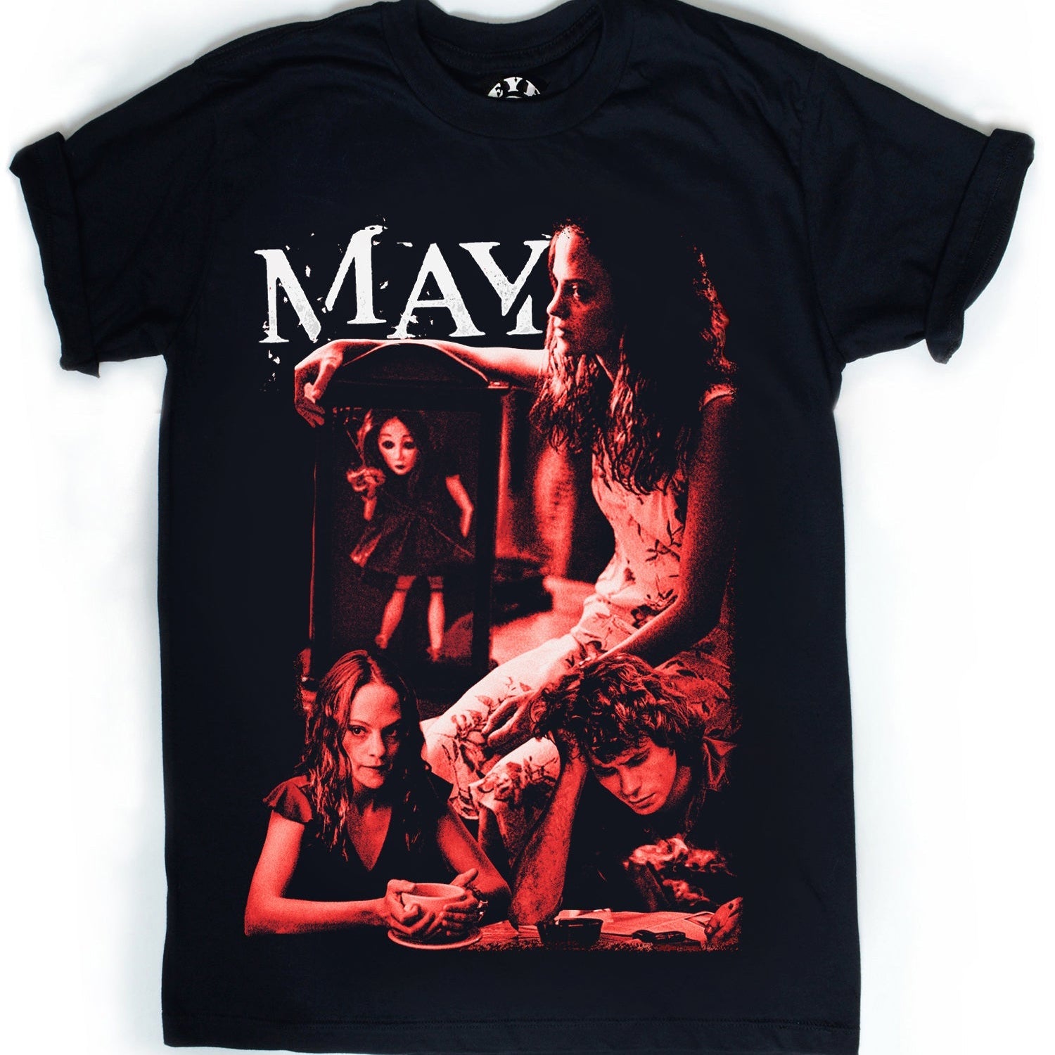 Black t-shirt with graphic design featuring a man and two women on a white background