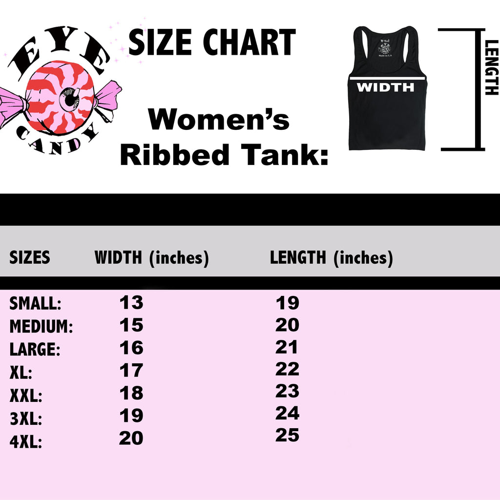 Size chart for women's ribbed tank tops with measurements on a pink background.