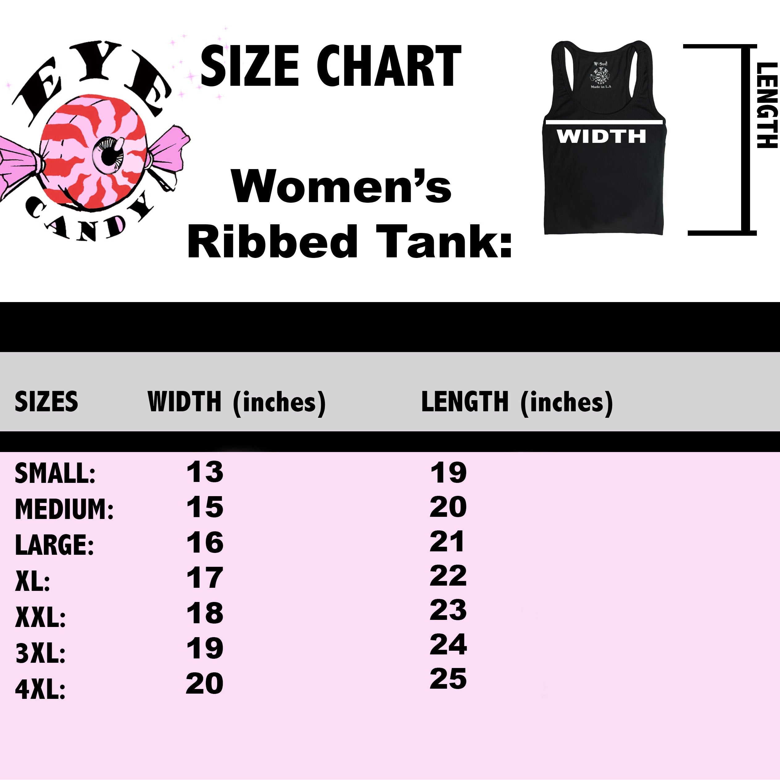 Size chart for women's ribbed tank tops with measurements on a pink background.