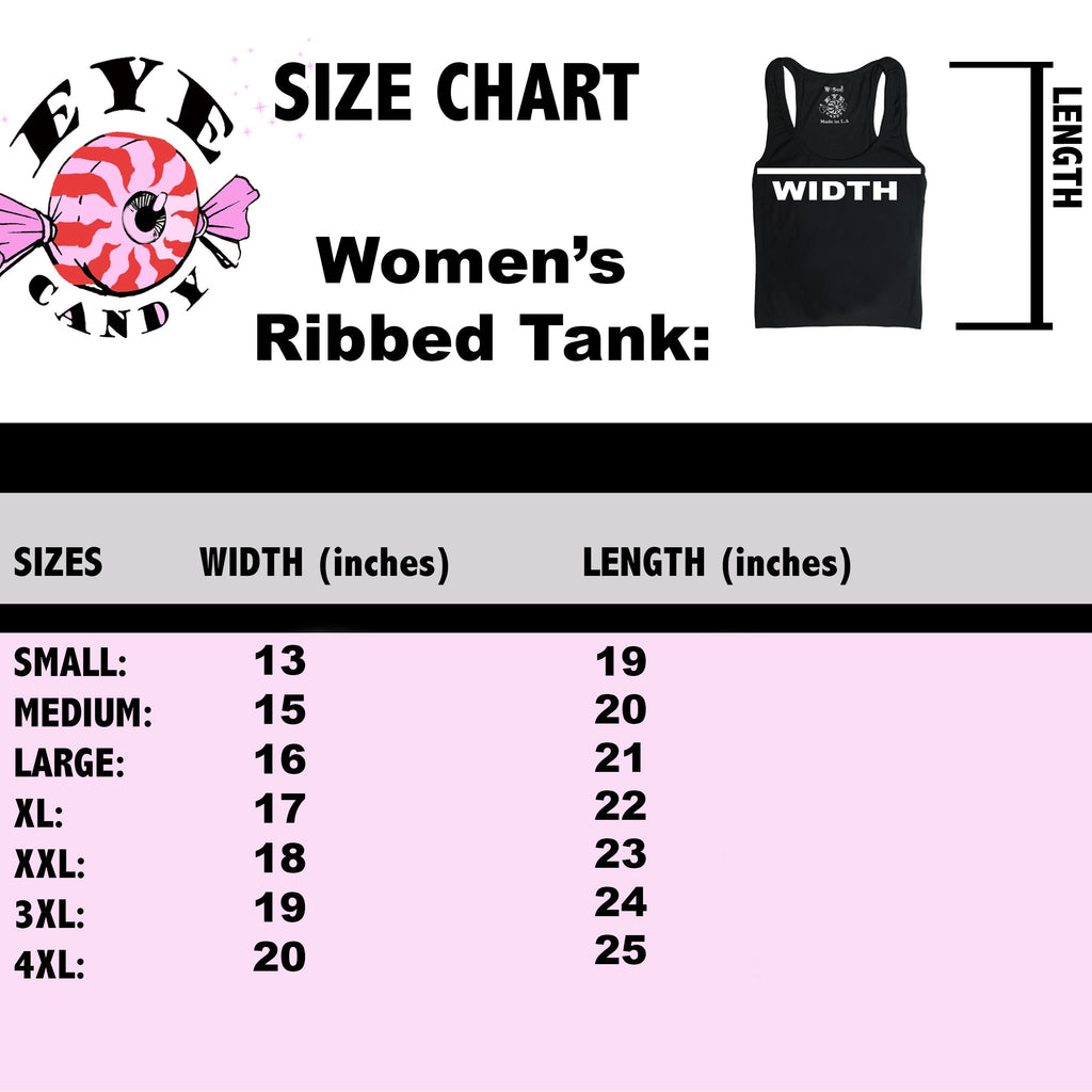 Size chart for women's ribbed tank tops with measurements on a pink background.