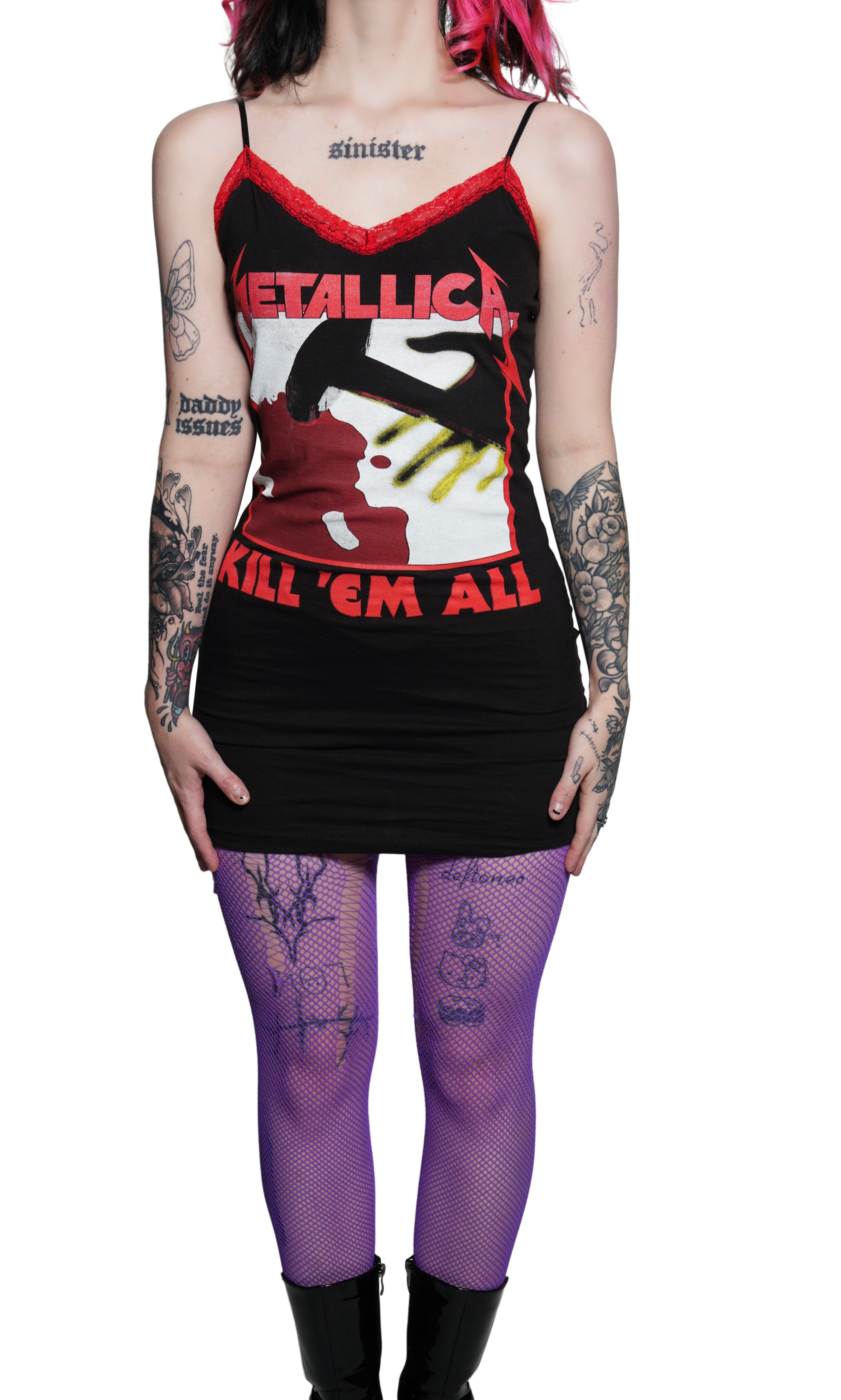 Vera's Eyecandy Metallica (Kill Em All) Red Lace Strap Dress