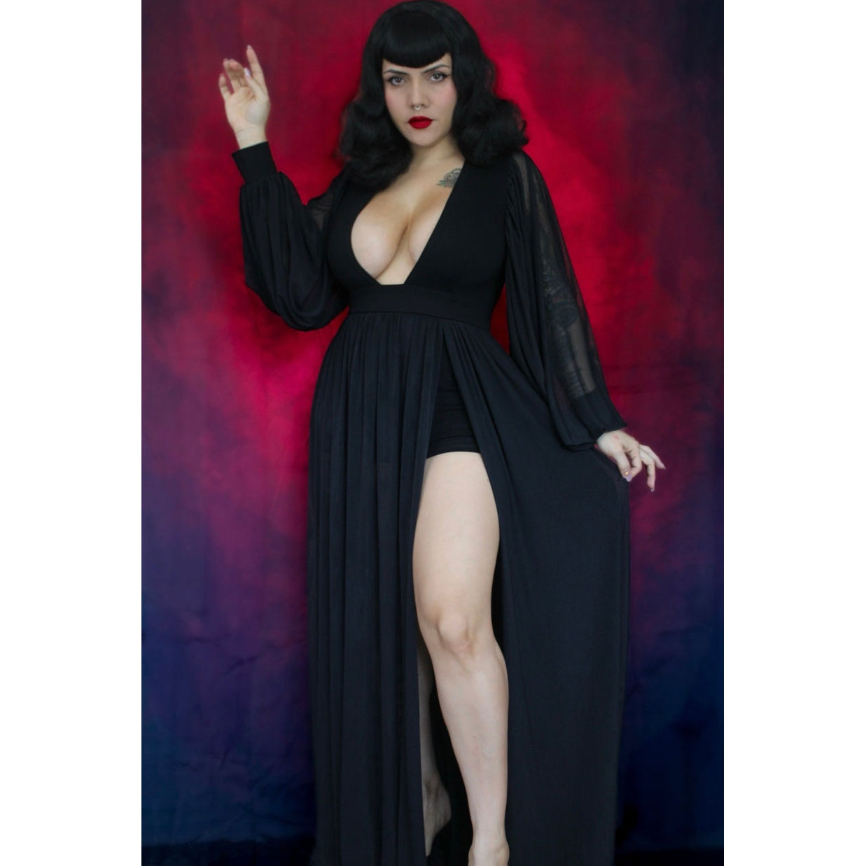 Witchwood Minerva Mesh Maxi Plunge Dress Built In Shorts