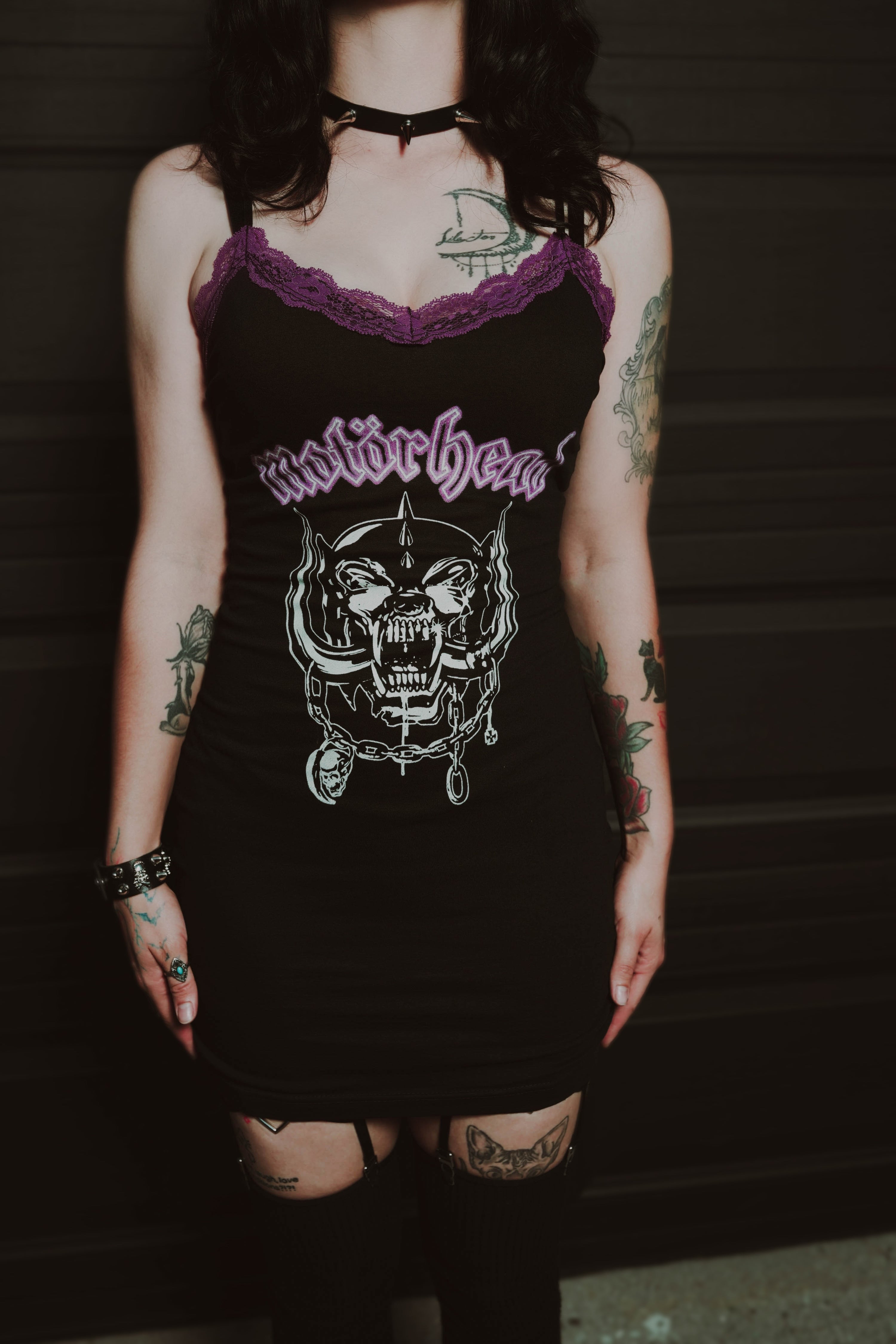 Vera's Eyecandy Motorhead Purple Lace Strap Dress