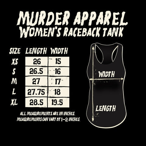 Measurement chart for a women's raceback tank top with size chart and tank top diagram on a black background.
