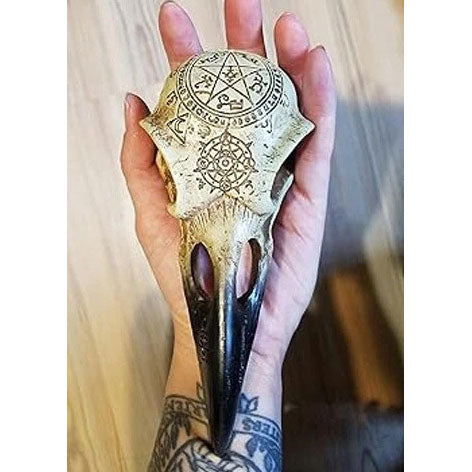 Decorative skull with intricate designs held by a hand with tattoos.