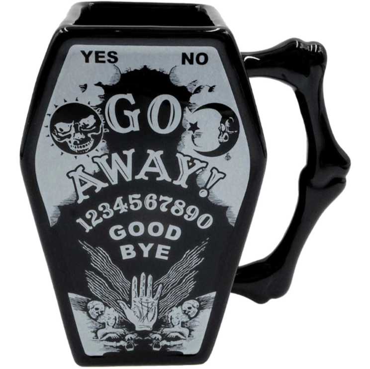 Kreepsville 666 Ouija Board Go Away! Black Coffin Mug