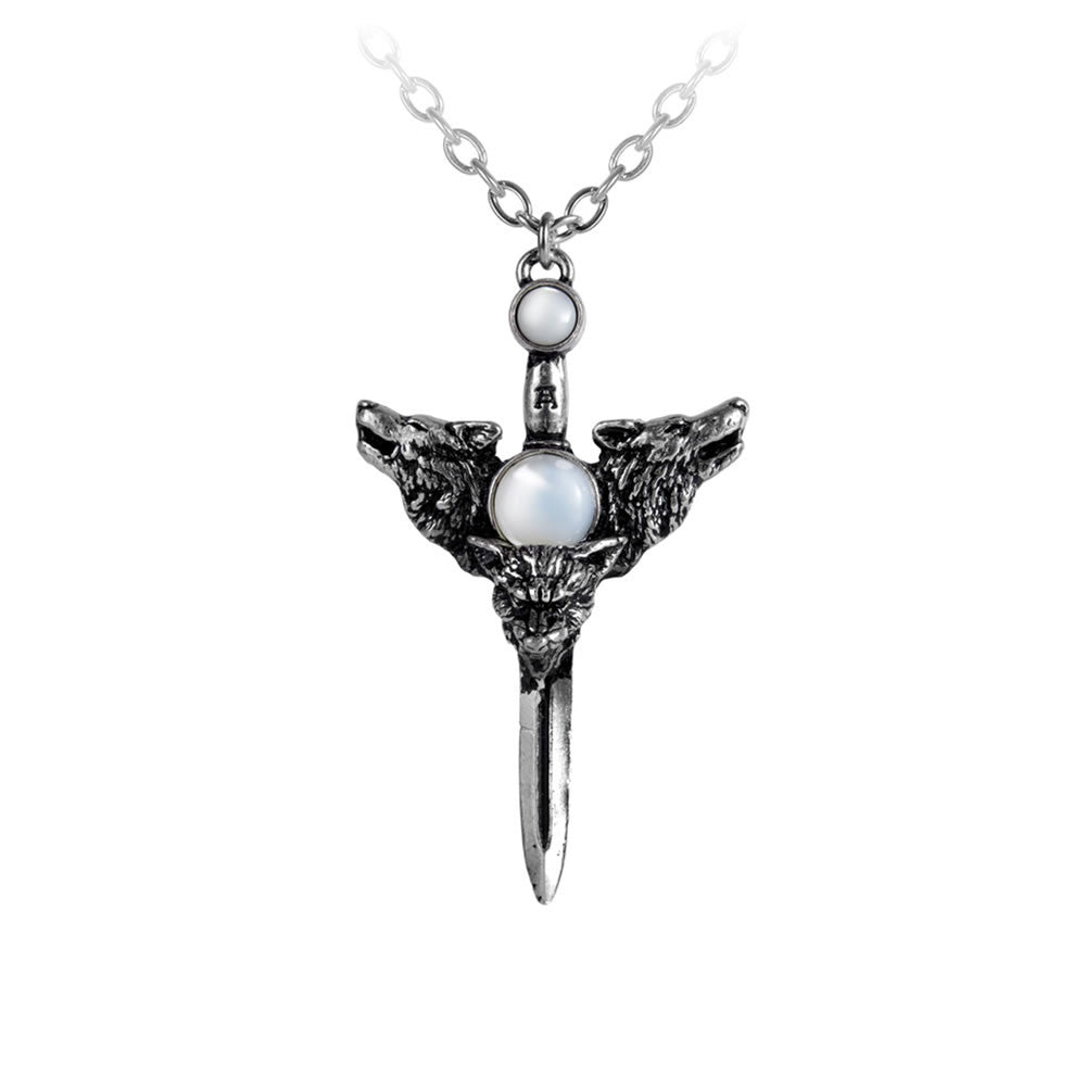 Alchemy Gothic Wolverine Moon Wolf Heads Dagger Pendant P229